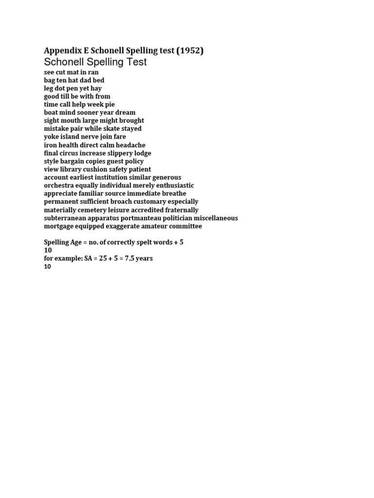 Appendix E Schonell Spelling Test (1952) | PDF