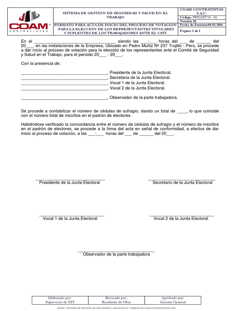 FPSGSST 05-06 Formato de Acta de Inicio Del Proceso de Votación para La ...