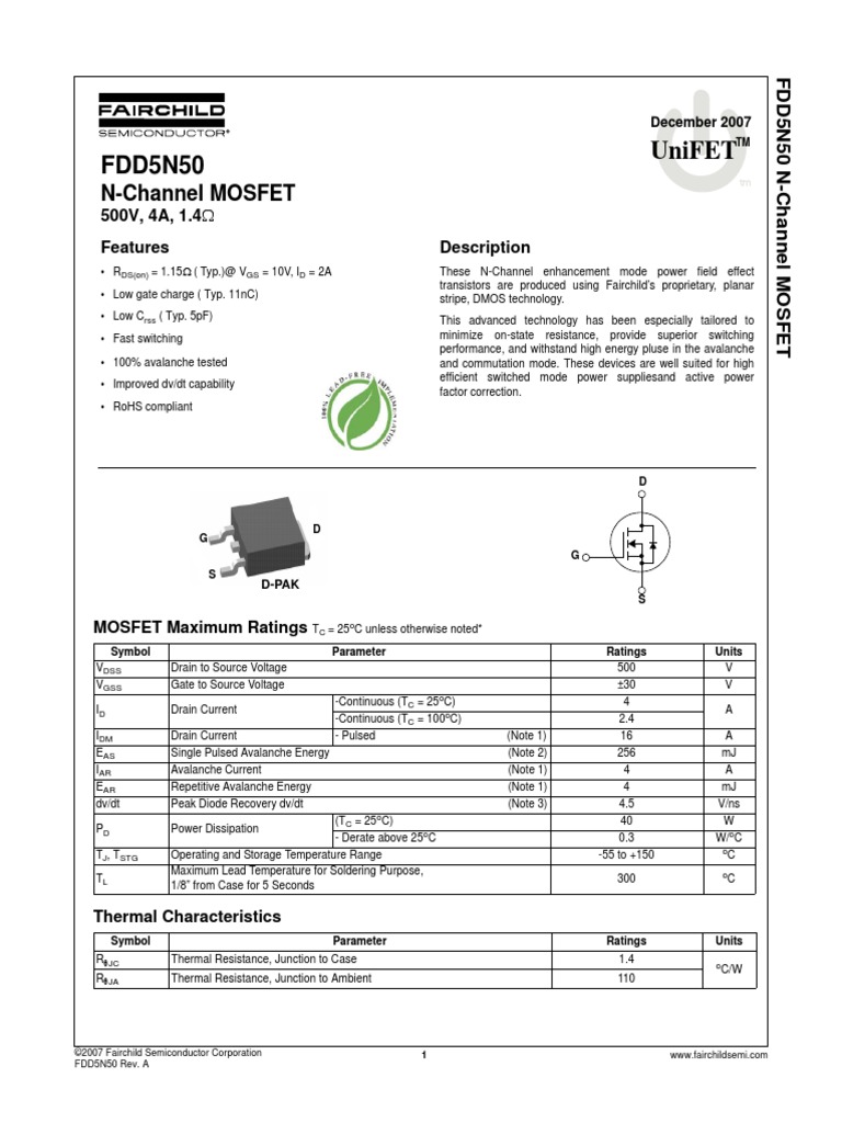FDD5N50 | PDF | Field Effect Transistor | Mosfet