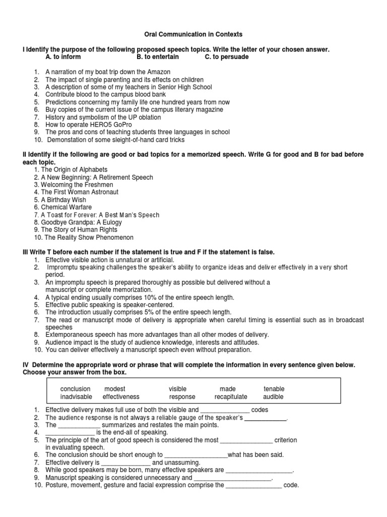 Oral Communication in Contexts Quiz PDF Public Speaking Cognitive