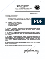 Div Memo No. 020 s 2018 Issuance and Utilization of the Registry of Qualified Applicants for Senior High School s.y. 2018-2019