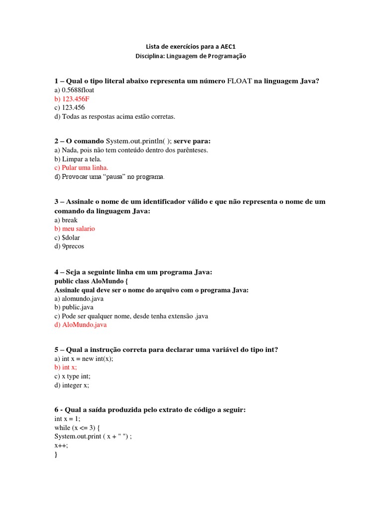 Exercícios de Programação em Java | PDF | Java (linguagem de ...