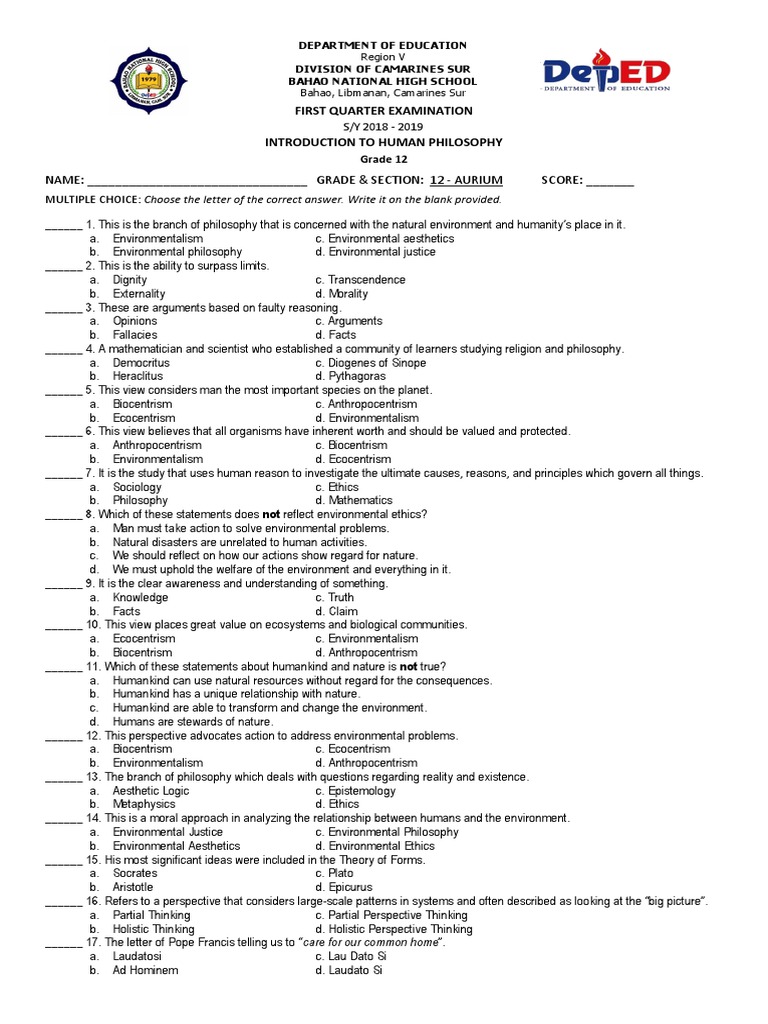 Grade 12 Philosophy Exam Review | PDF | Reason | Human