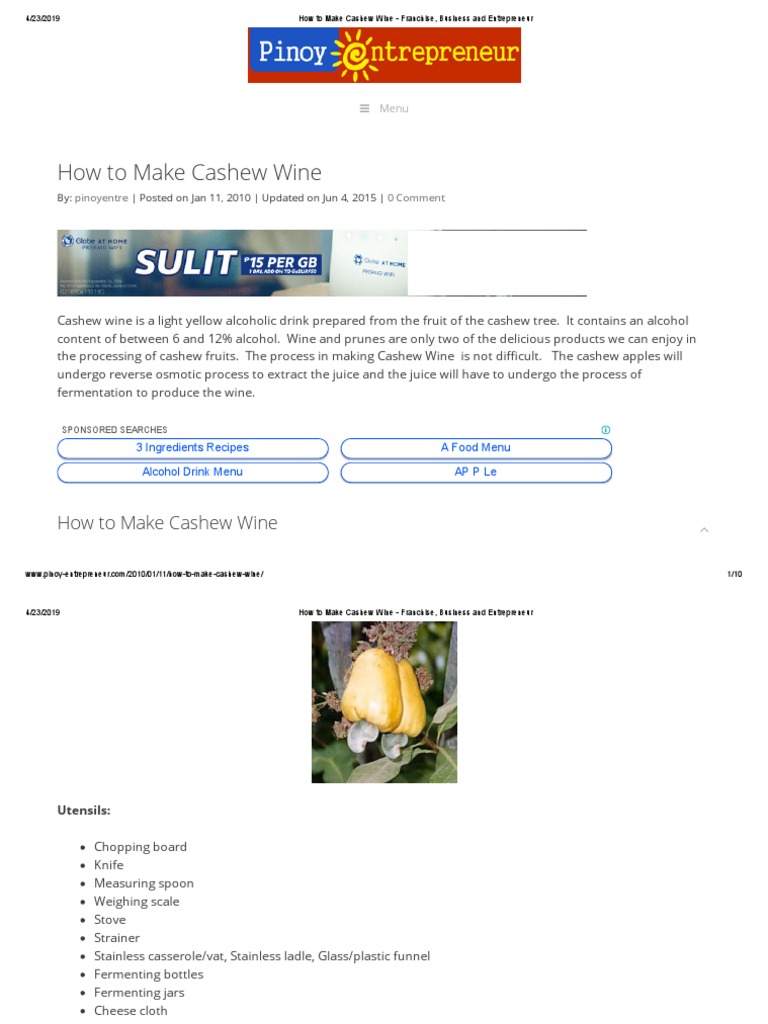 How To Make Cashew Wine Franchise, Business and Entrepreneur PDF Wine Juice