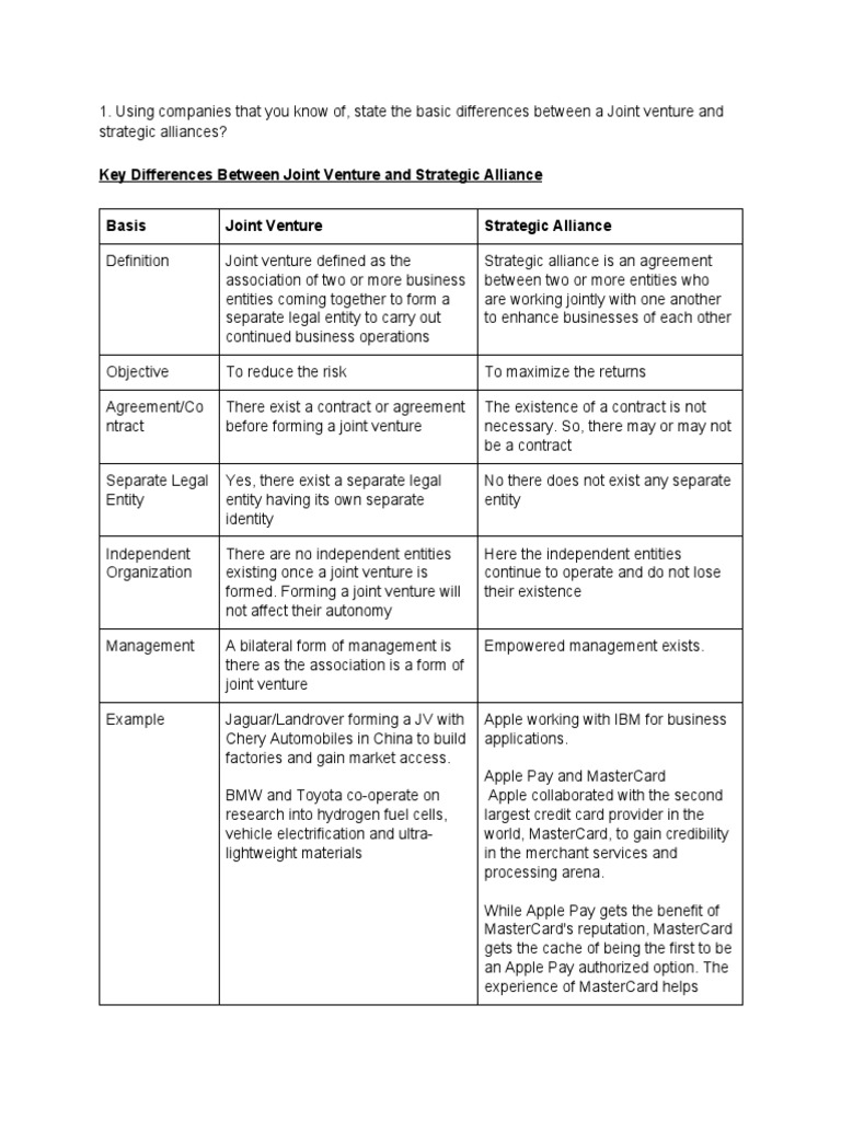 Key Differences Between Joint Venture and Strategic Alliance PDF