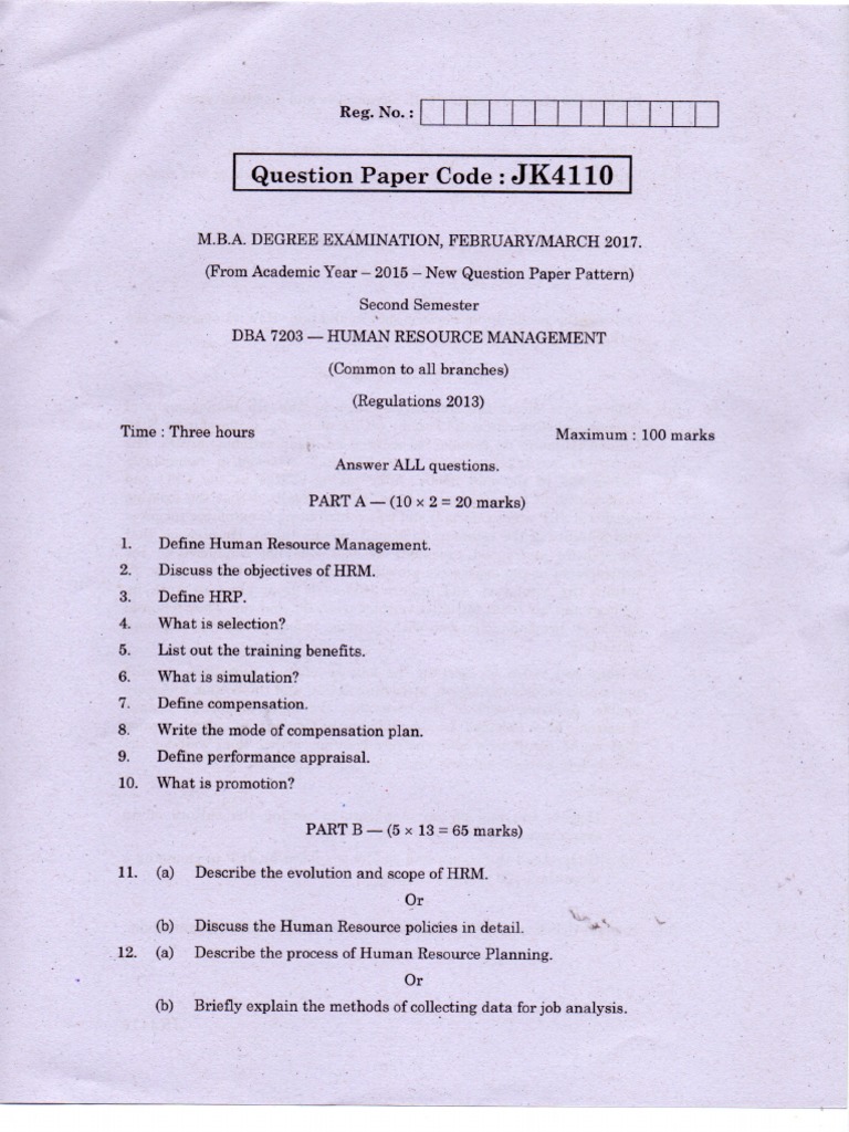 Human Resource Management Question Papers PDF