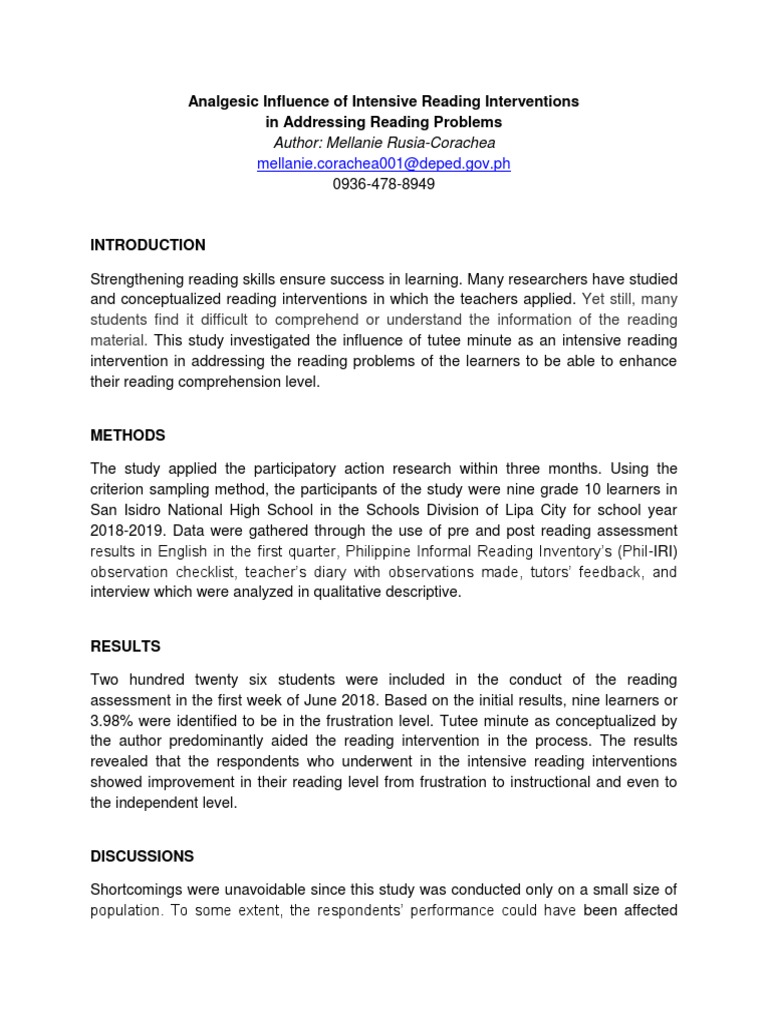 Analgesic Influence of Intensive Reading Interventions in Addressing ...