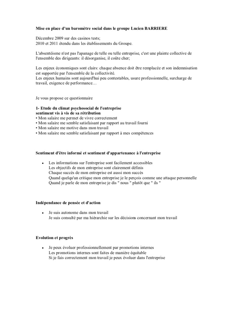 Questionnaire Sur L Absenteisme Au Travail