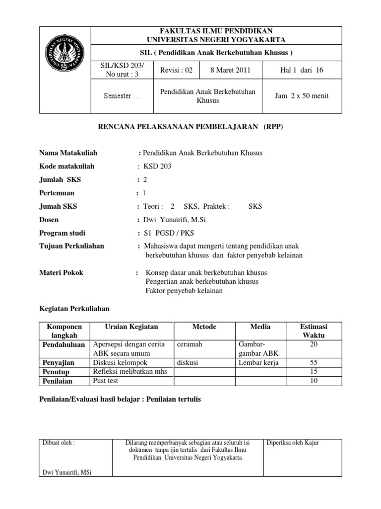 Rpph Anak Berkebutuhan Khusus - Dunia Belajar
