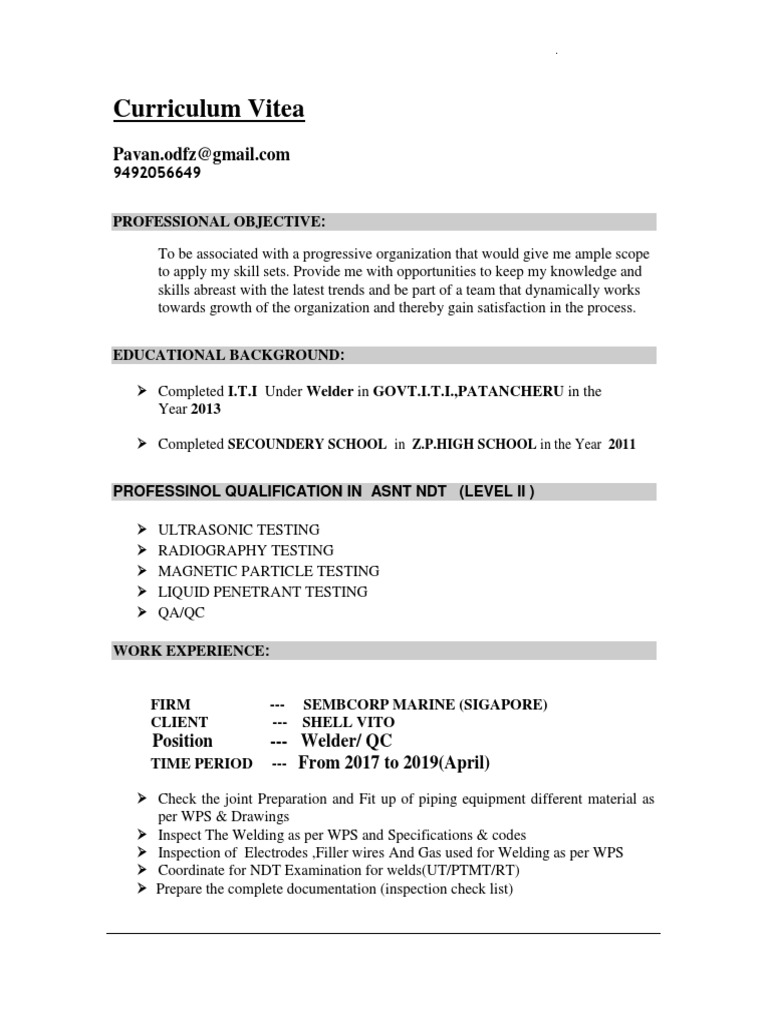 Welder QC CV of Pavan Kumar | PDF | Career & Growth