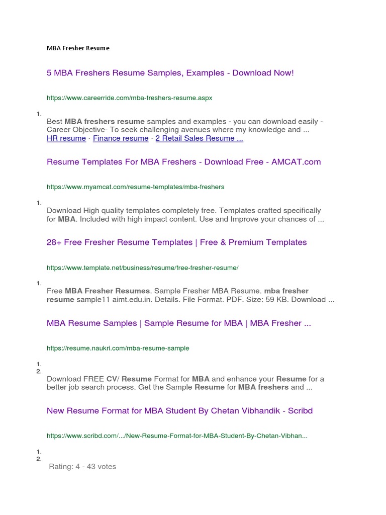 Mba Fresher Resume Pdf