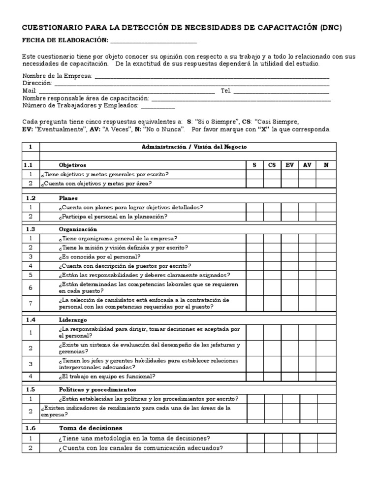 Cuestionario de Detección de Capacitación | PDF | Calidad (comercial