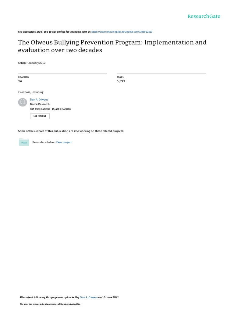 The olweus bullying prevention program implementation and evaluation