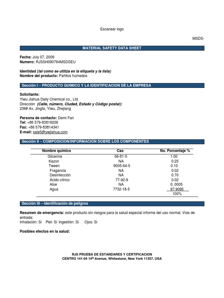 Hoja de Seguridad Wet Wipes Docx 2 Español PDF Agua Residuos