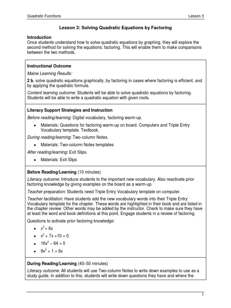 Lesson 3 Lesson Plan Solving Quadratic Equations By Factoring Pdf