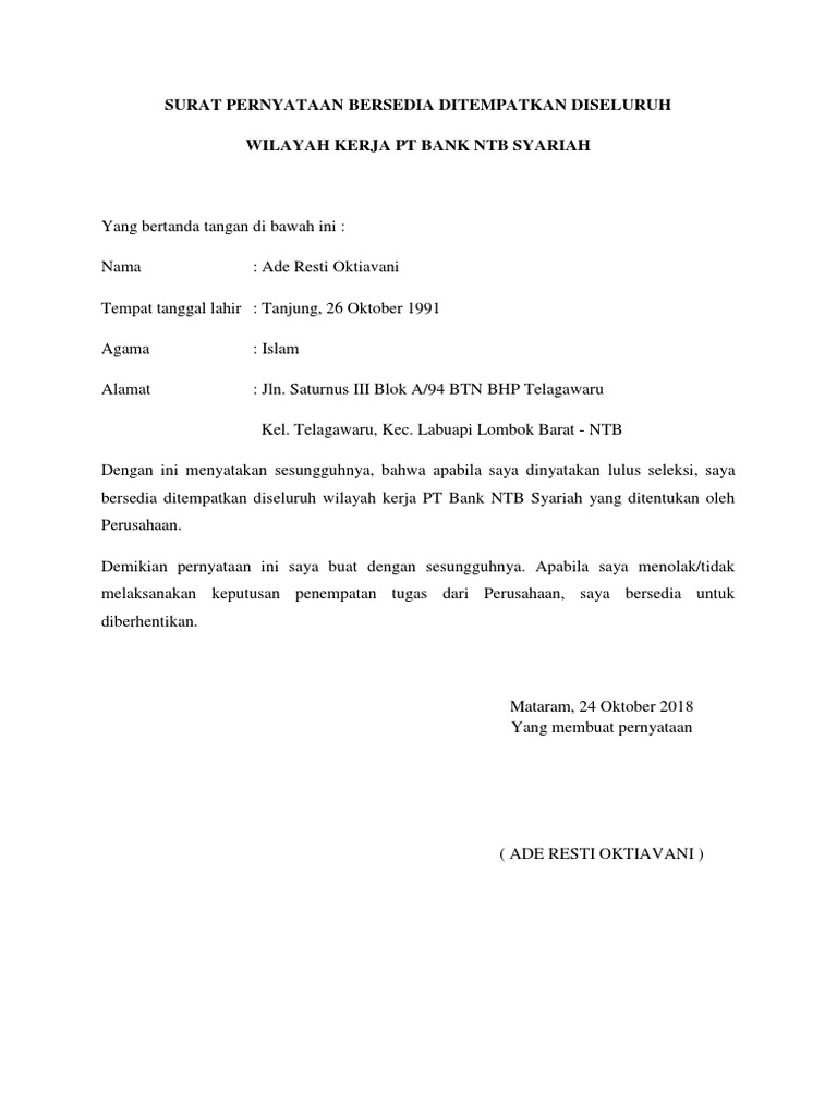 Surat Pernyataan Bersedia Ditempatkan Diseluruh