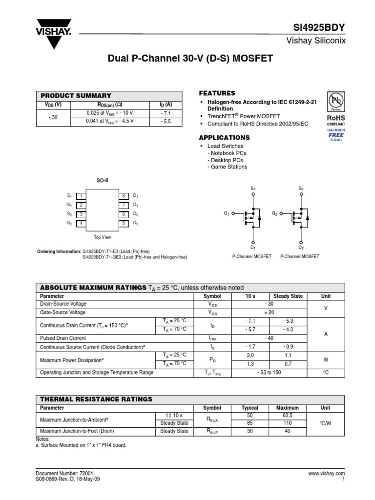 4925B Dual Mosfet | PDF | Field Effect Transistor | Mosfet