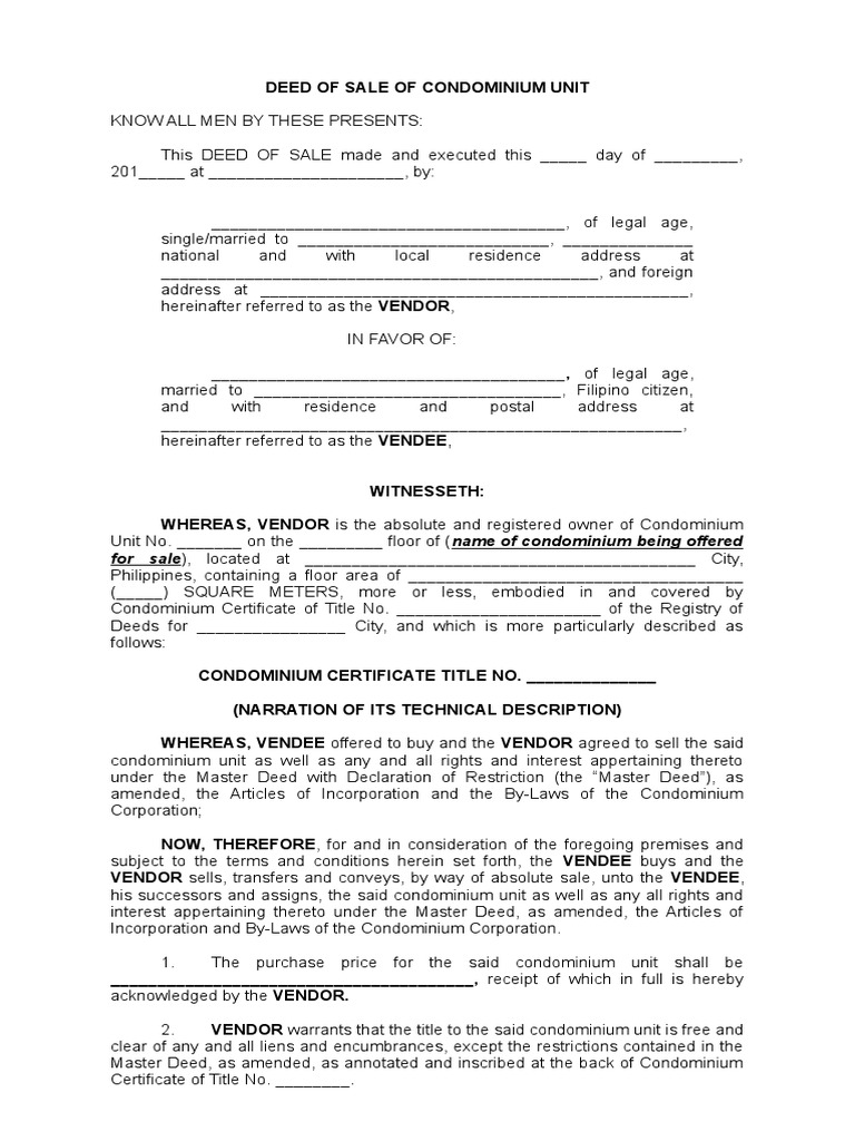 4 Sale of Condominium Unit | PDF | Condominium | Deed