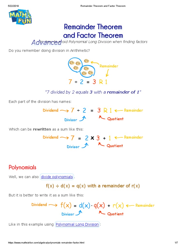 Remainder Theorem And Factor Theorem Division Mathematics Factorization
