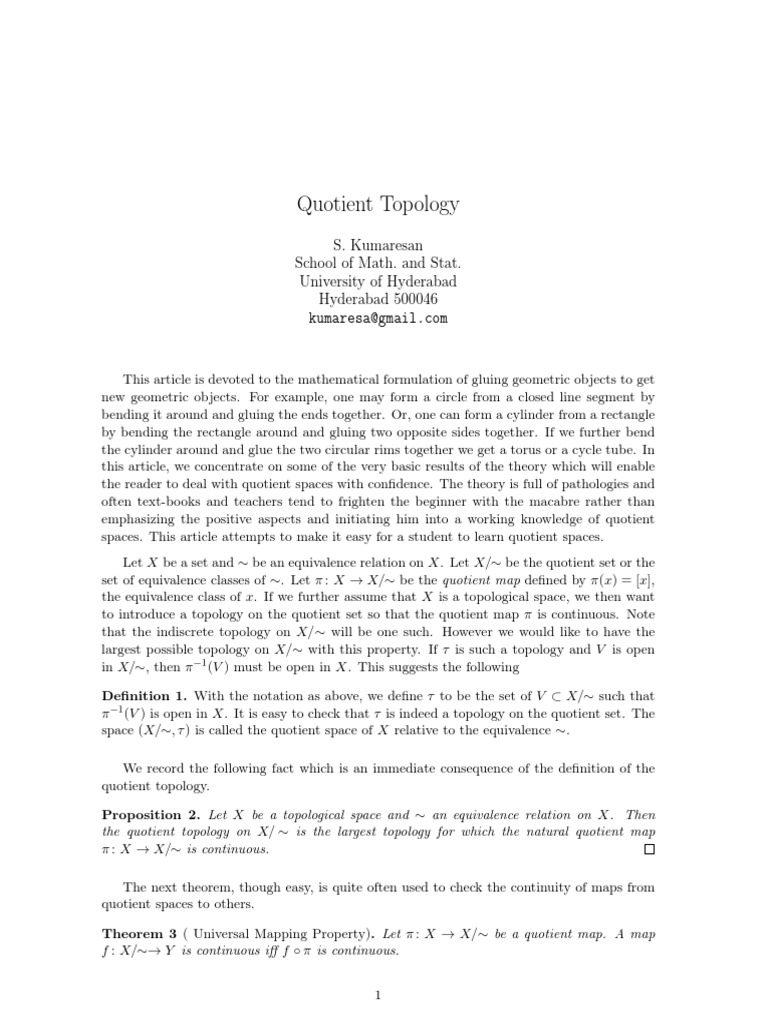 Quotient Topology S. Kumaresan School of Math. and Stat. University of