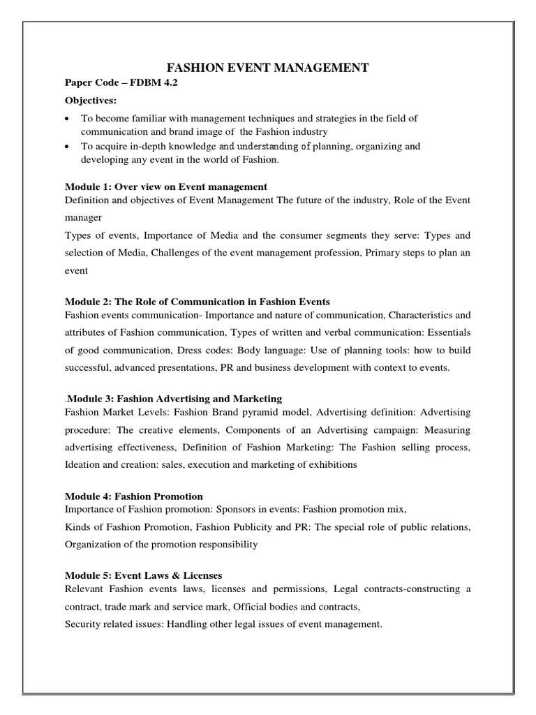Fashion Event Management Syllabus Fashion Design