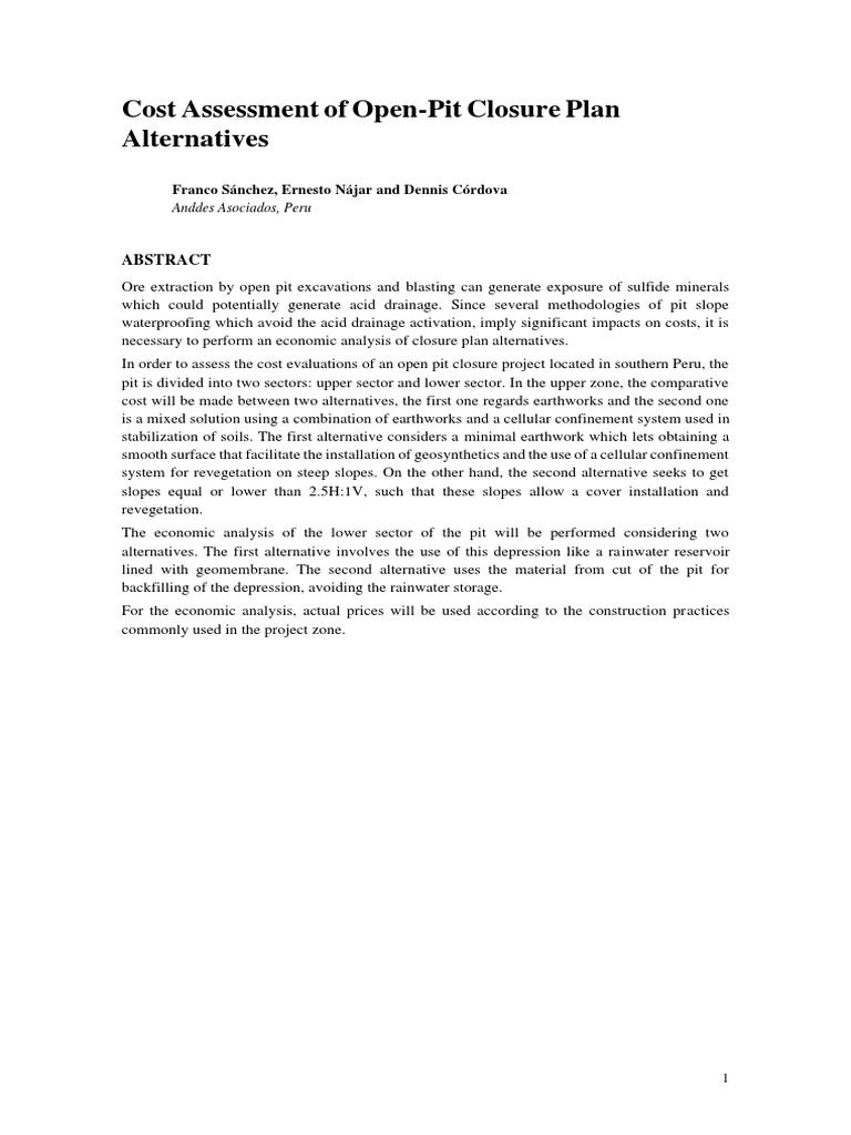 Cost Assessment of Open-Pit Closure Plan Alternatives | PDF | Drainage ...