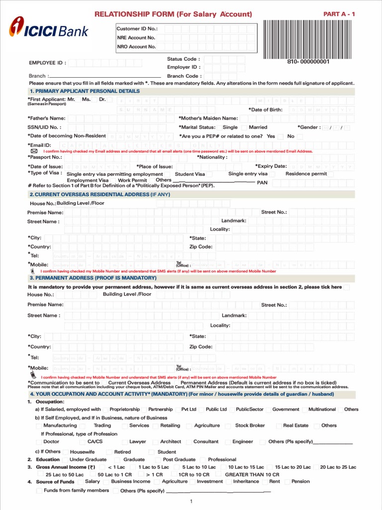 Salary Account Opening Form Debit Card Identity Document