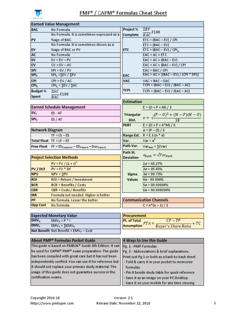 PMP Formulas Cheat Sheet | PDF | Net Present Value | Discounted Cash Flow