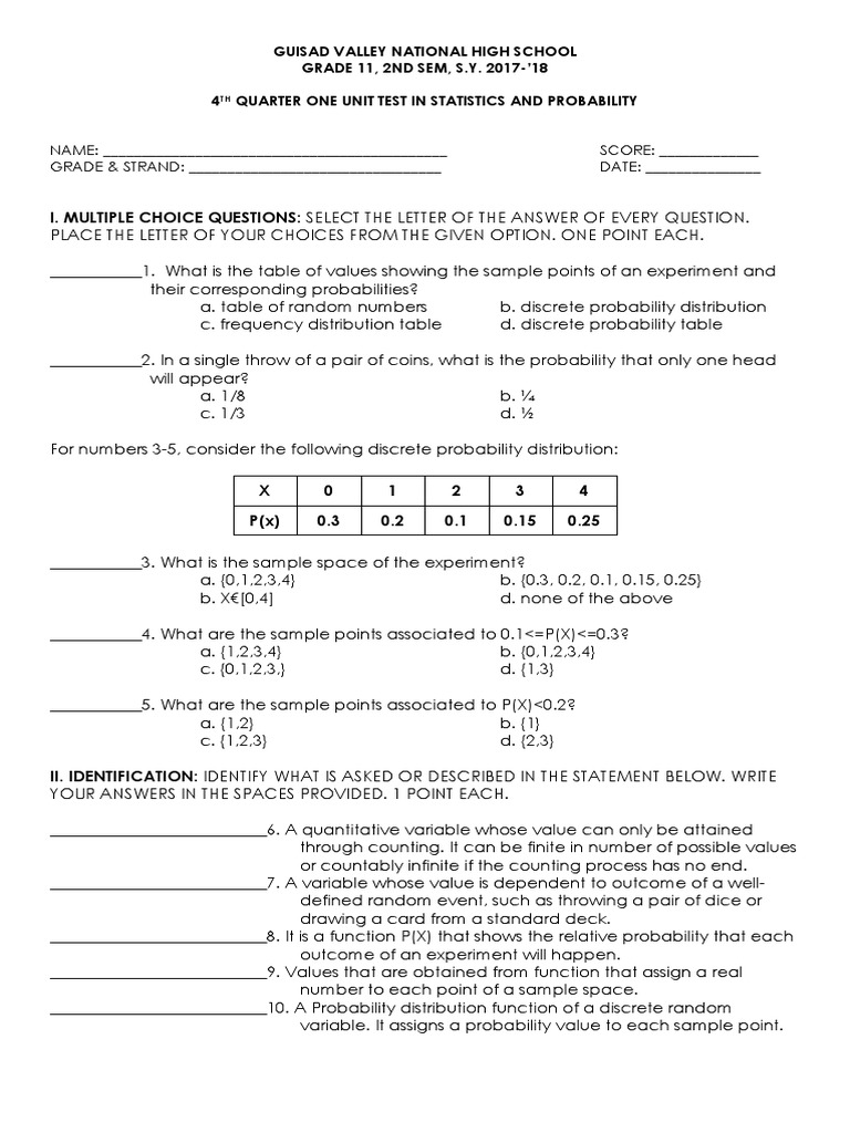 Grade 11 Statistics Unit Test 2017-2018 | PDF | Probability ...