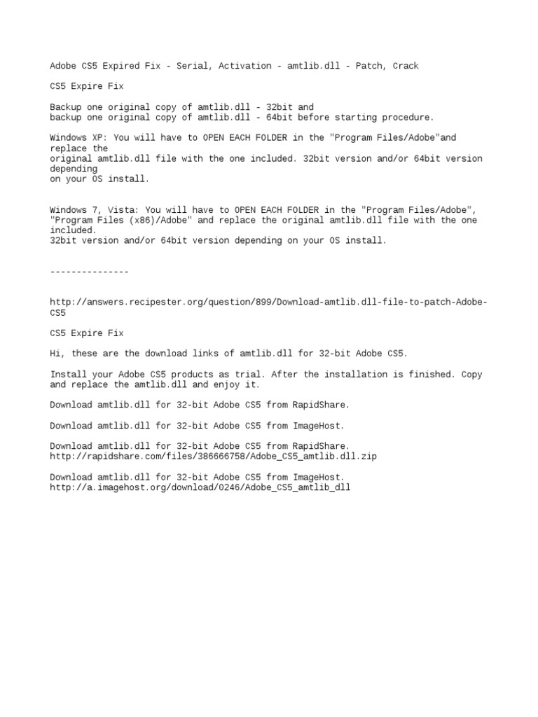 CS5 Expire Fix - Readme - Amtlib - DLL | PDF | Microsoft Windows.