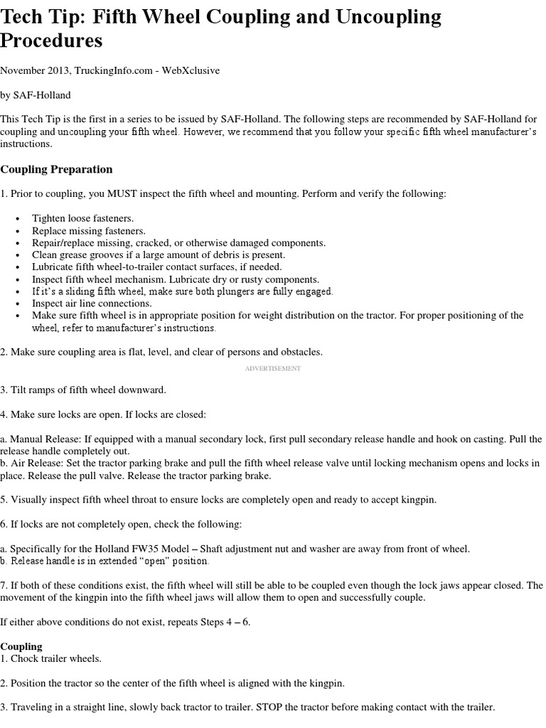 Fifth Wheel Coupling and Uncoupling Procedures Trailer (Vehicle