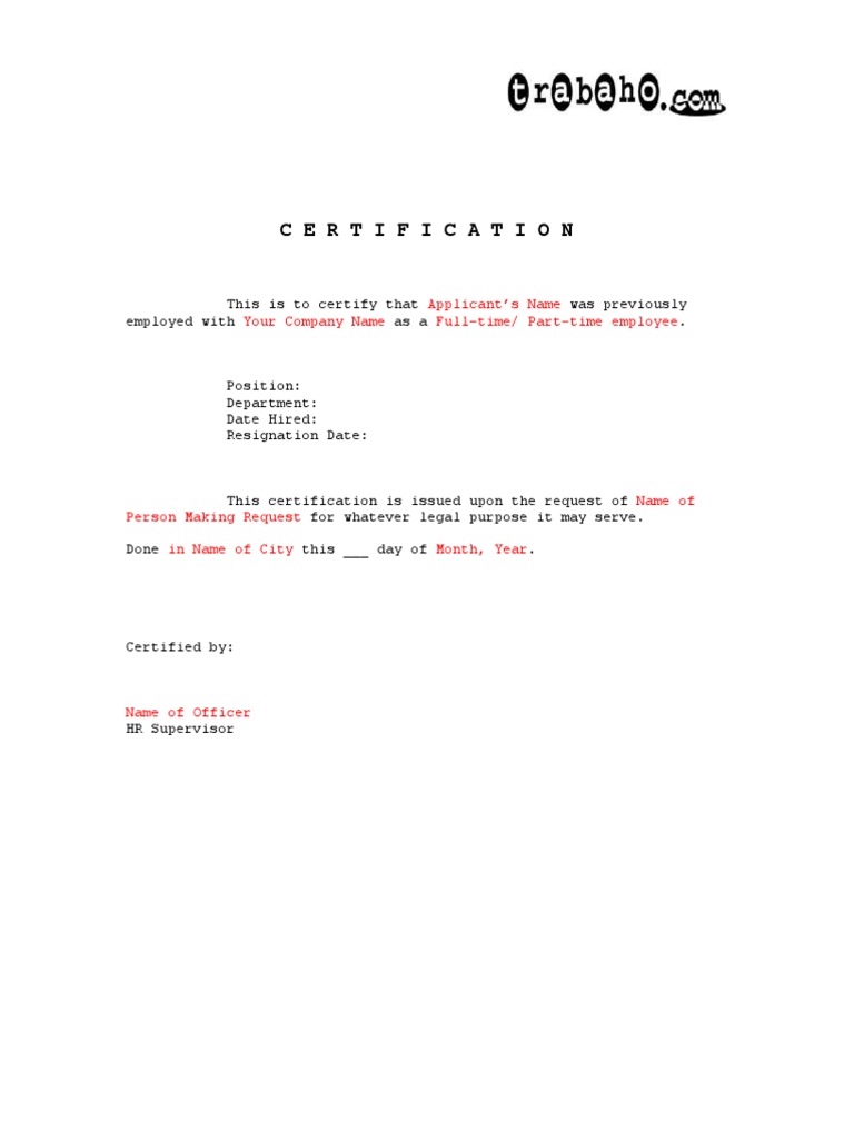 Employment Certification Template | PDF | Career & Growth | Finance ...