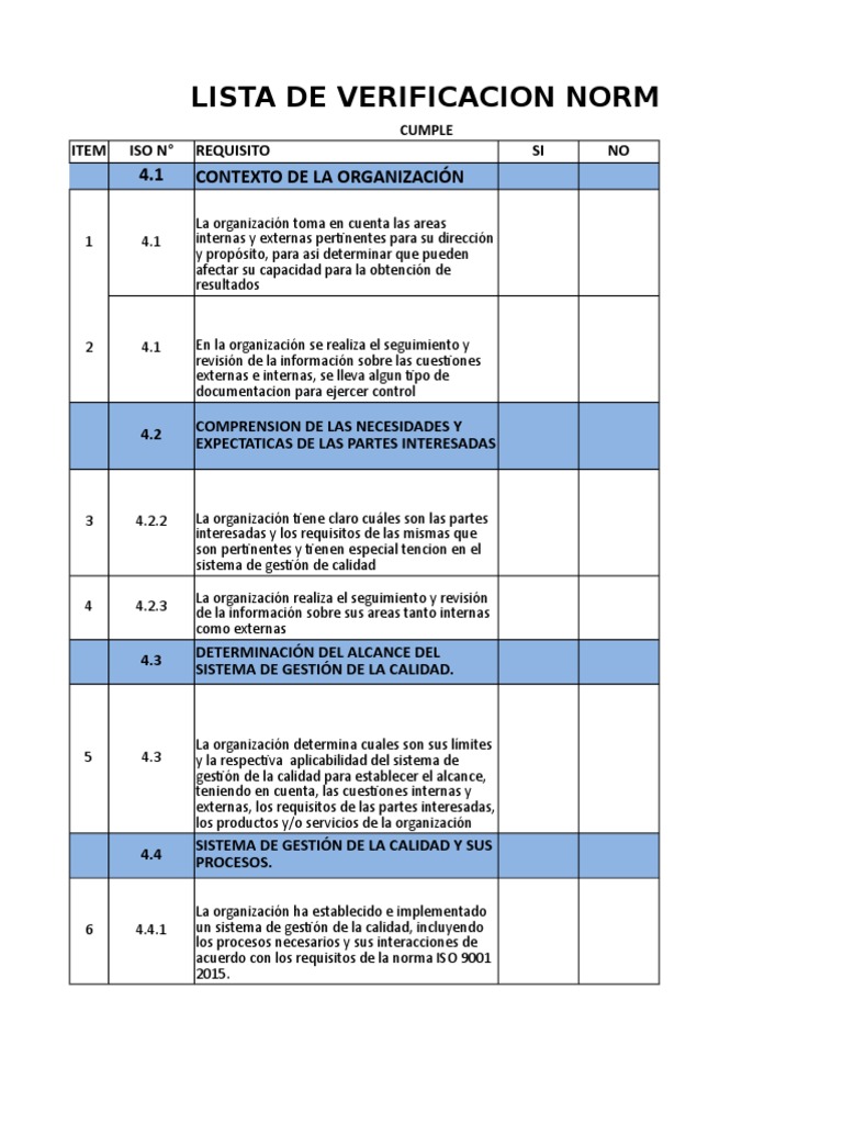 Lista de Verificacion Iso 9001 2015 | PDF | Gestión de la calidad ...