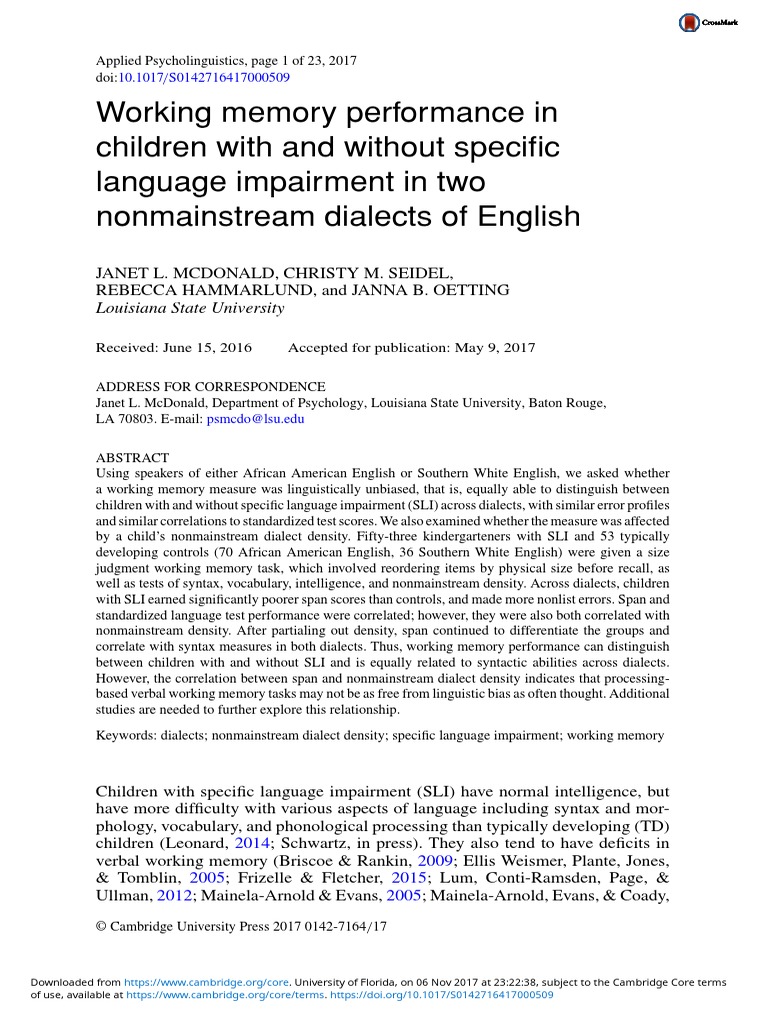 Working Memory Performance in Children With and Without Specific ...