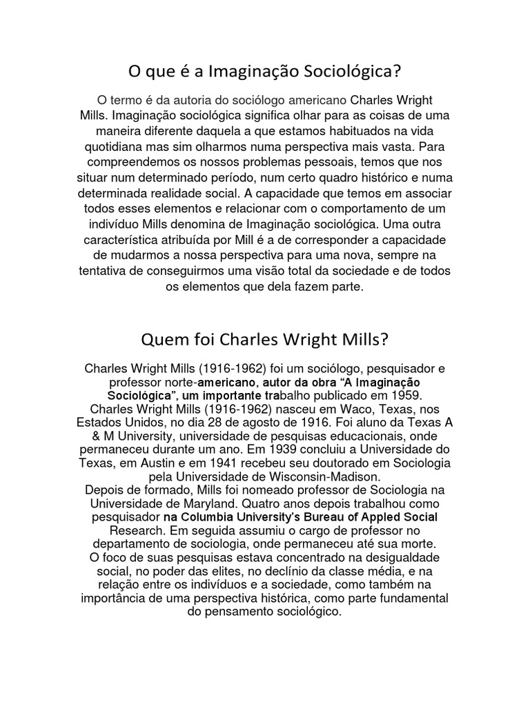 O Que É A Imaginação Sociológica | PDF | Sociologia | Émile Durkheim