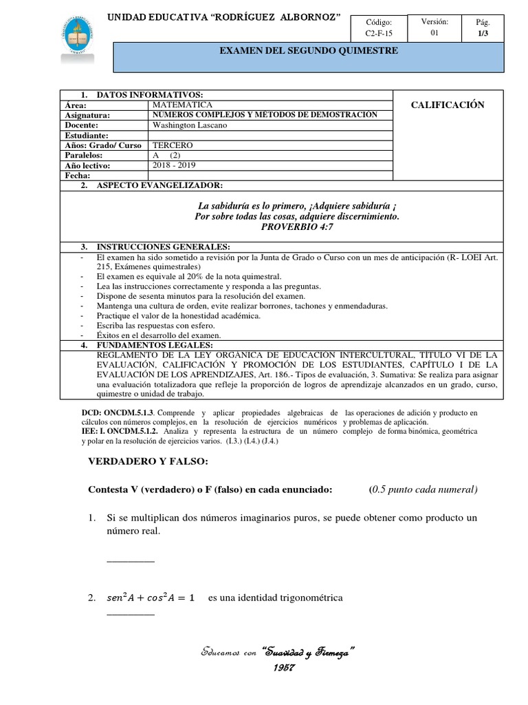 Segundo Examen Quimestral Ncmd 2 Numero Complejo Prueba