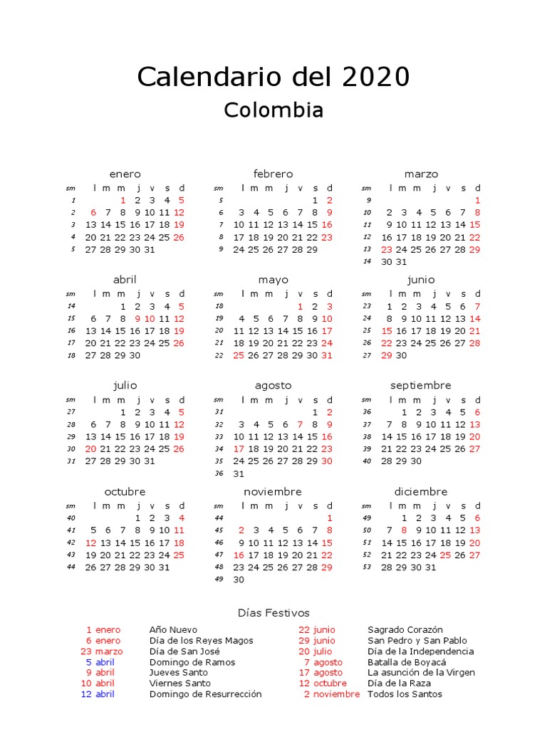Calendario 2020 En Colombia Con Fechas De Dias Festivos 2020