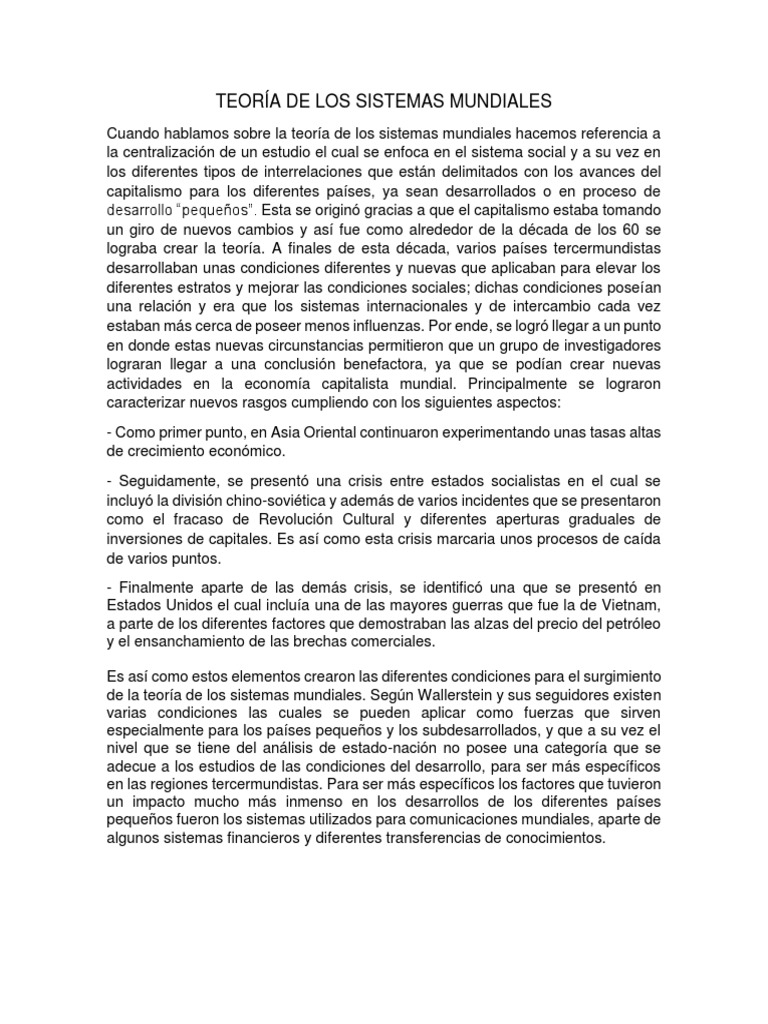 Teoría de Los Sistemas Mundiales PDF Teoría Capitalismo