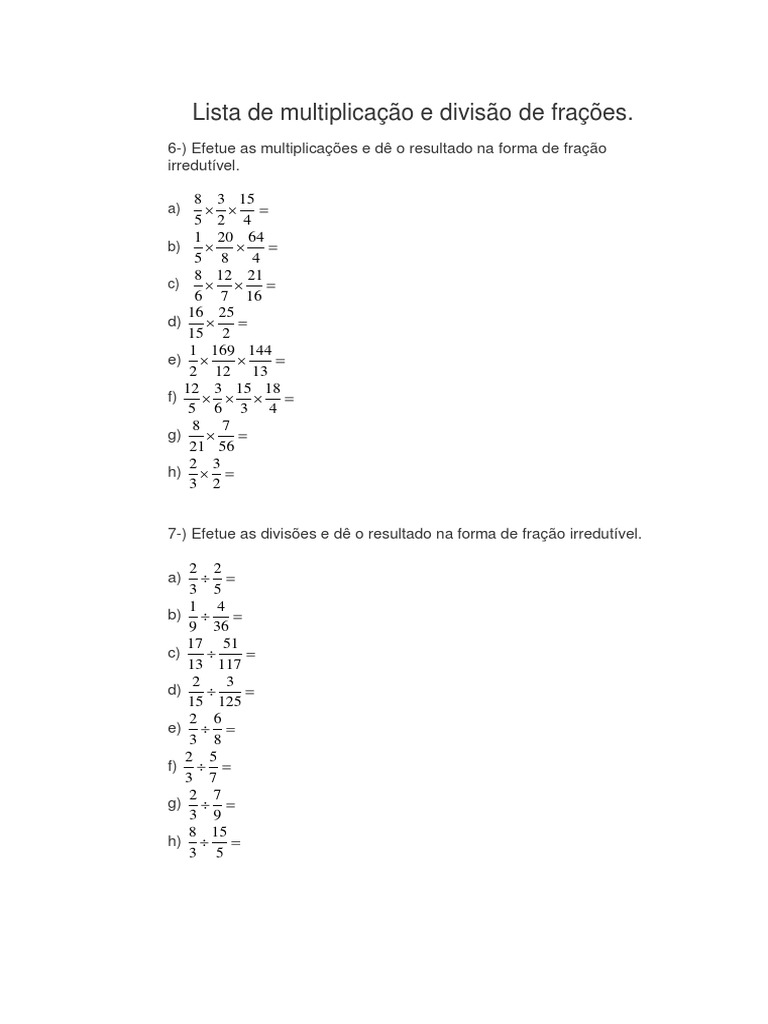 Lista de Exercicios Fracoes | Fração (Matemática) | Matemática