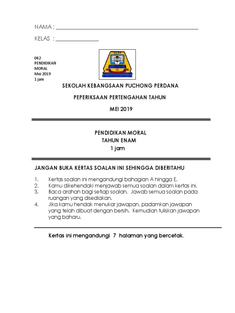 Soalan Pendidikan Moral Tahun 6 Skpp Pdf
