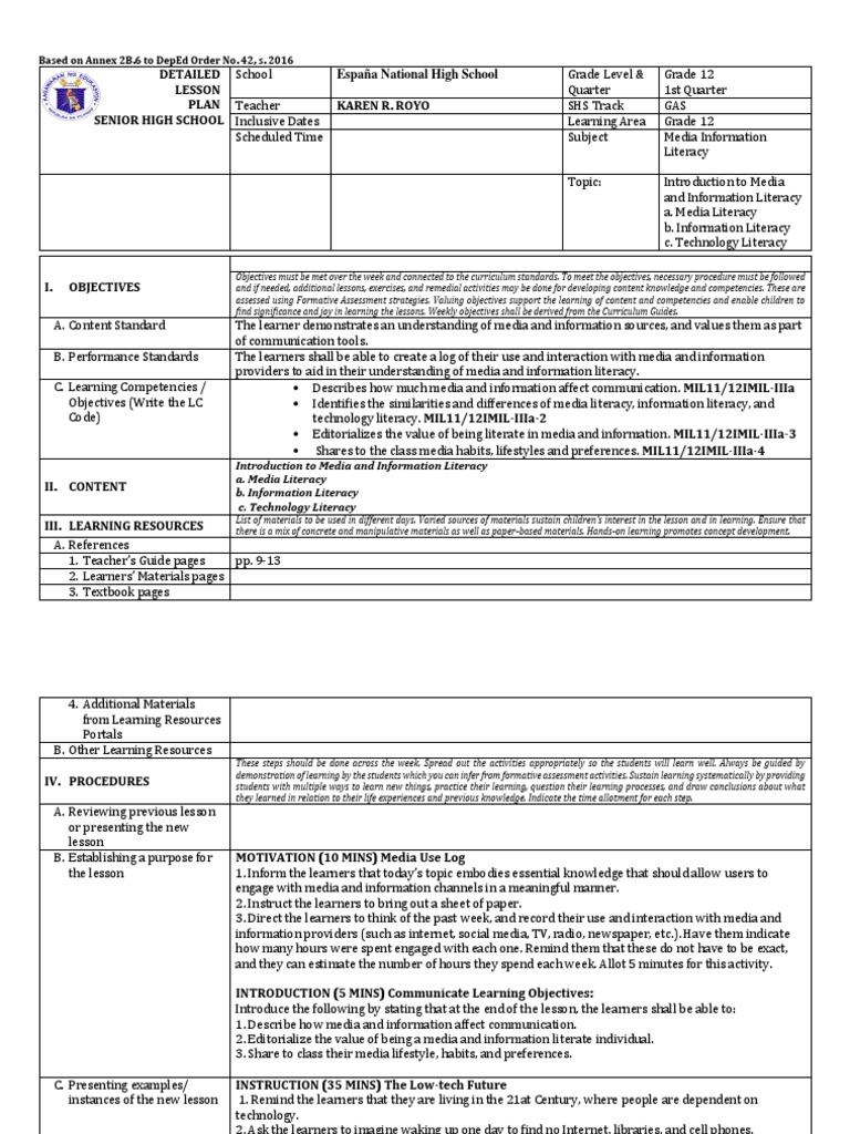 Detailed Lesson Plan Senior High School España National High School