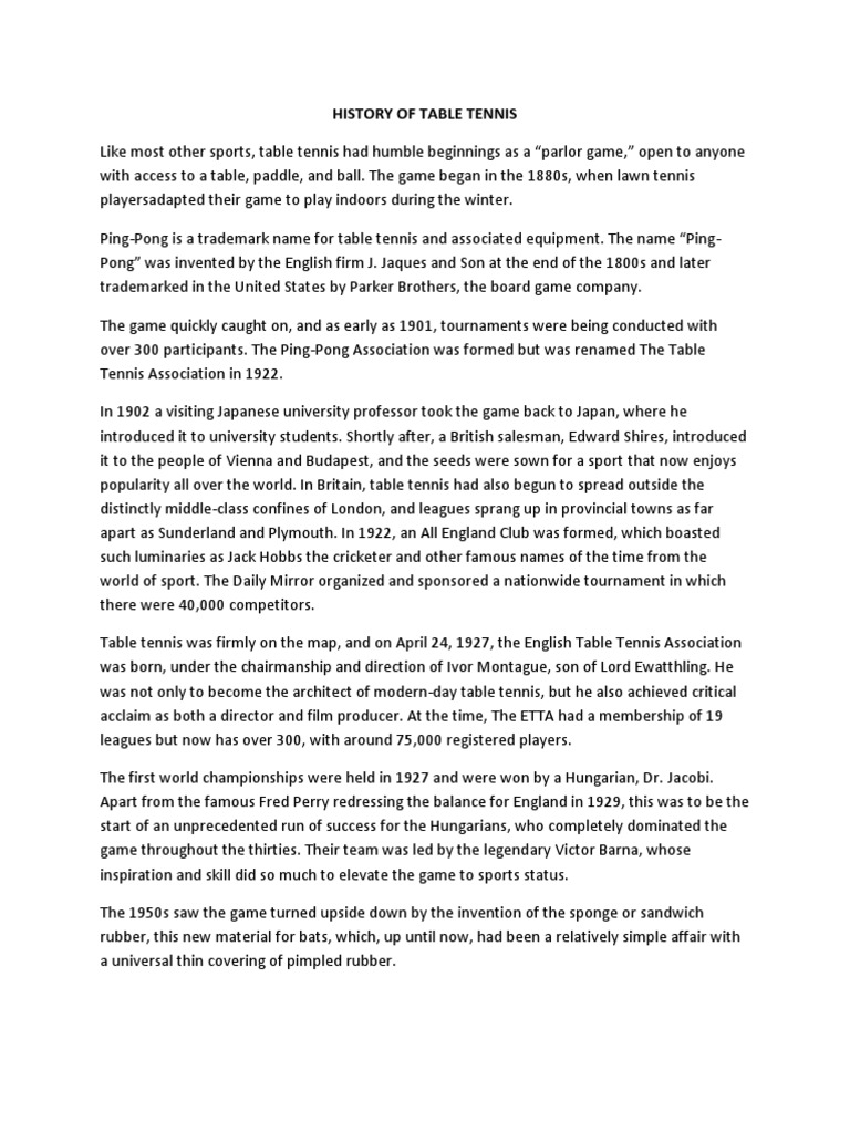 History of Table Tennis PDF Table Tennis Racquet Sports