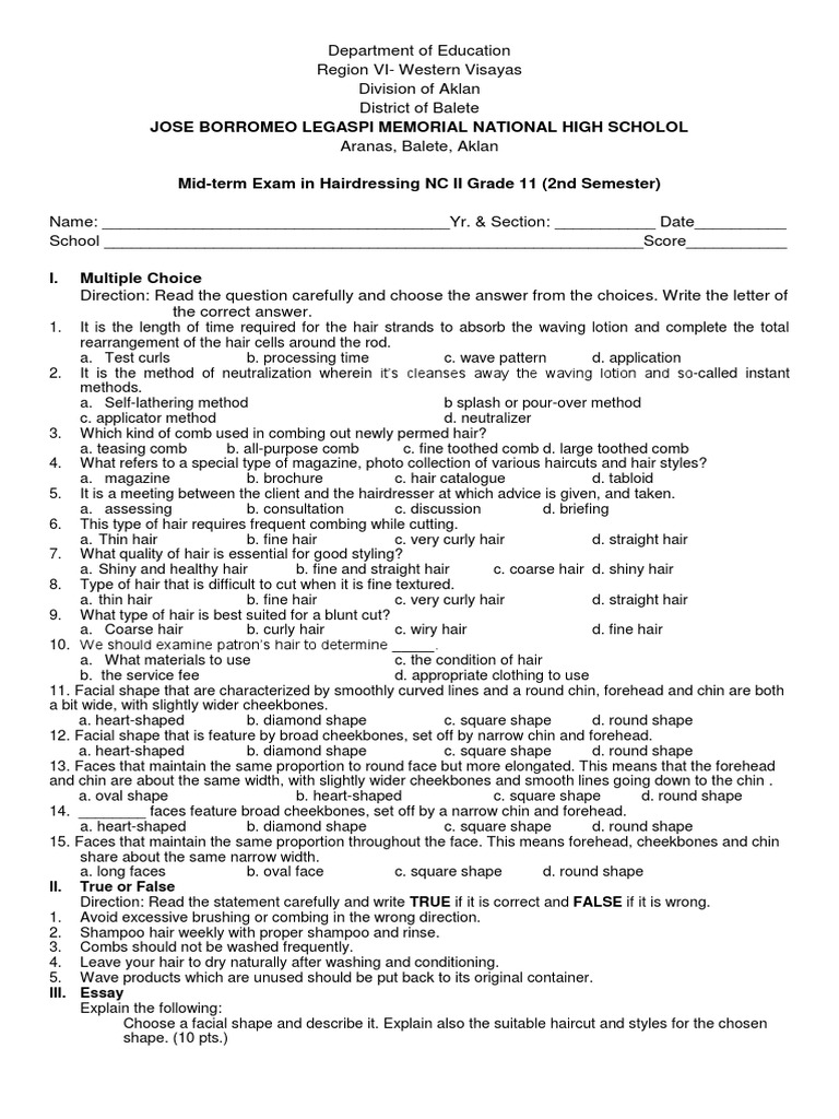 3rd Quarter Exam in Tle 9 PDF Hairstyle Hair