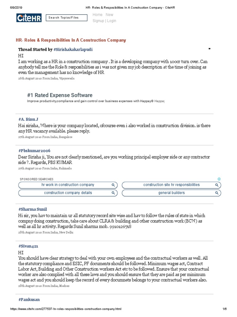 HR - Roles & Resposibilities in A Construction Company - CiteHR | PDF ...