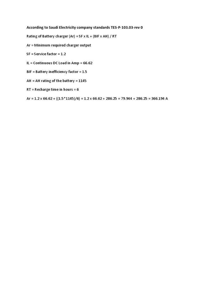 Battery Charger Sizing Calculation Guide | PDF | Battery Charger ...