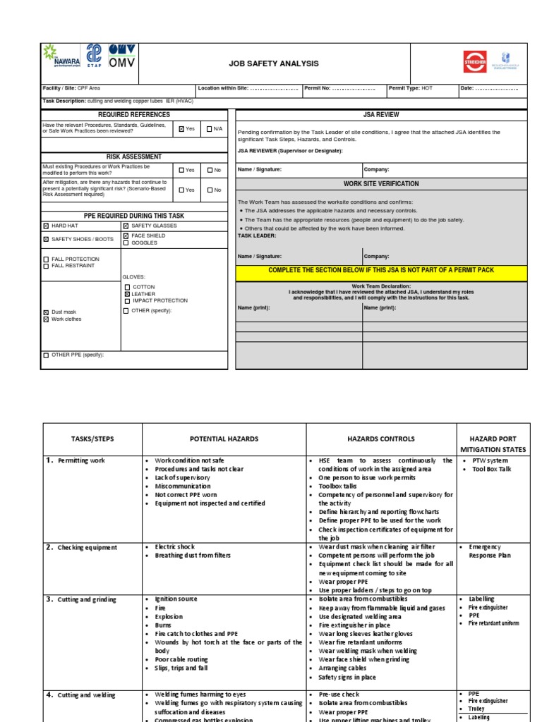 JSA for Cutting and Welding in CPF Area | PDF | Personal Protective ...