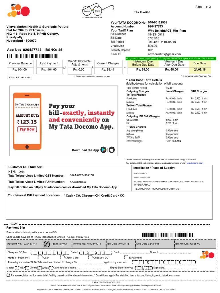 TATA Docomo Bill | PDF | Invoice | Credit Card
