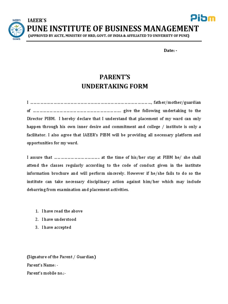 Parent's Undertaking Form for Admission | PDF
