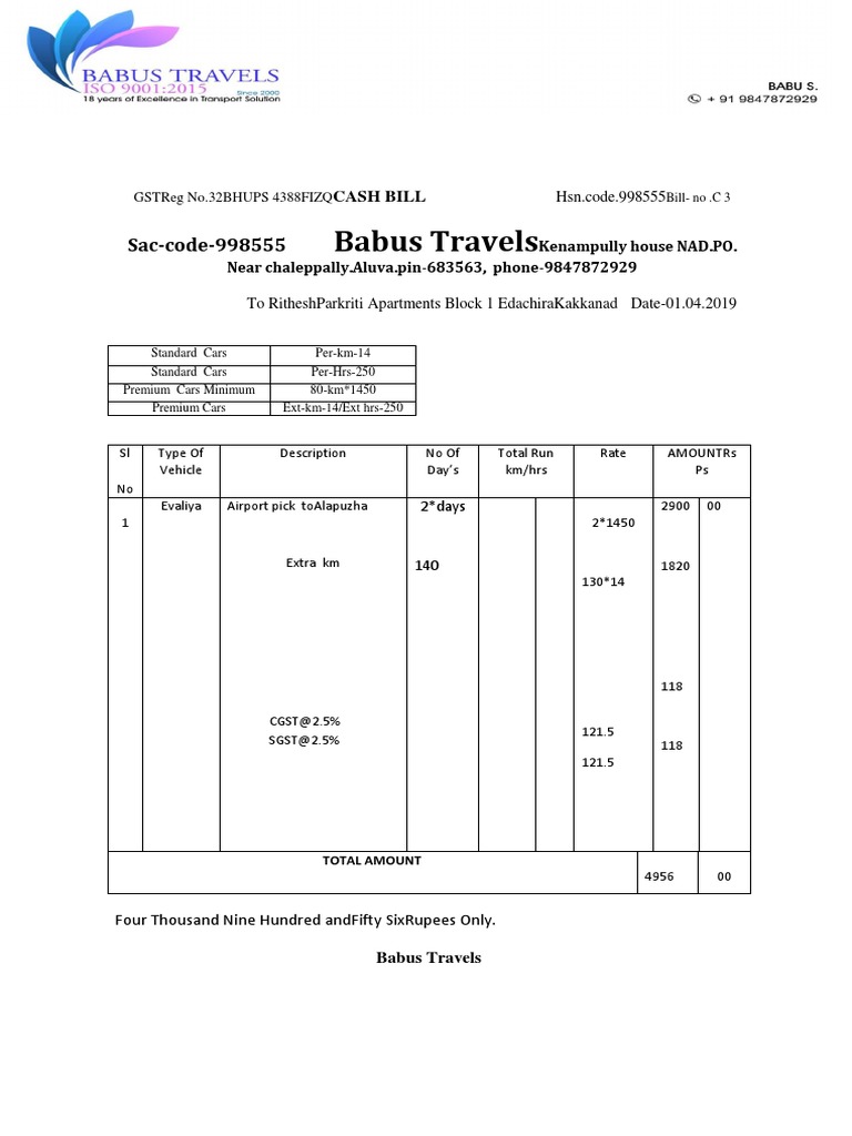 Kerala Taxi Bill Format with GST | PDF | Transport | Motor Vehicle
