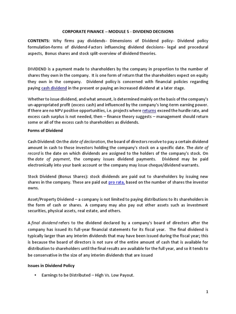 Dividend Decisions in Corporate Finance | PDF | Dividend | Stocks